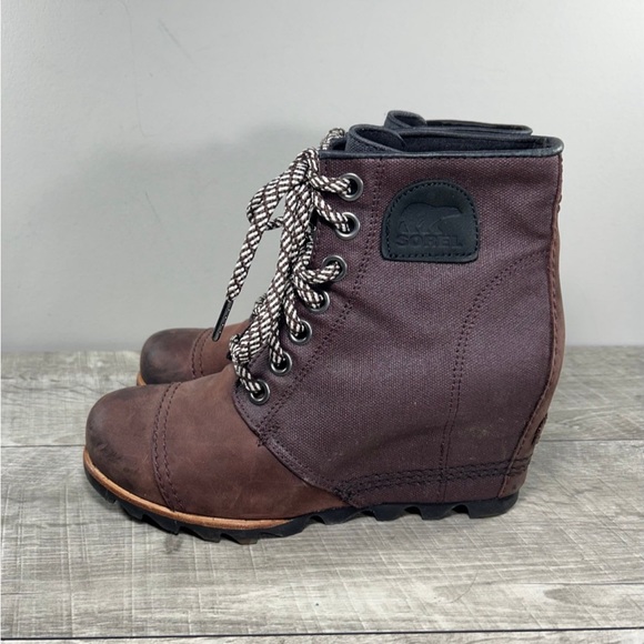 Sorel LL5329 PDX Wedge Women’s Brown Leather & Canvas Booties Boots Size 8.5 - Picture 5 of 10